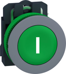 Pushbutton, labeled I, unlit, groping, 1 Form A (N/O), waistband round, green, front ring light gray, mounting Ø 30.5 mm, XB5FA3