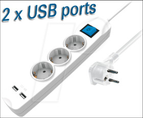 NV56-3WL Power strip, 3-way, 2x USB, white, 3 m