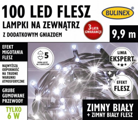 Lampki Bulinex 100led białe zimne 9,90m zewnętzrne flesz z dodatkowym gniazdem sznur