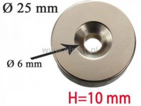 Magnes neodymowy okrągły 25x10mm + otwor 12/6mm
