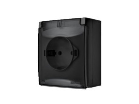 SIMON AQUACLICK Gniazdo pojedyncze z uziemieniem SCHUKO klapka transparentna z przesłonami zaciski śrubowe IP44 czarny ACGSZ1CZ/