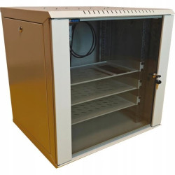 Szafa wisząca RACK 19 12U 500mm w zestawie z 3 półkami, 2 wentylatorami i termostatem, drzwi szklane szara MIRSAN