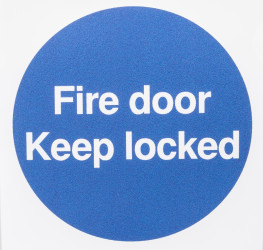 Znak BHP, tekst: "Fire Door Keep Locked, Poliester winylowy, kolor: Niebieski, biały BS 5499, ISO 7010 Znak