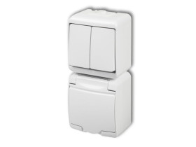 JUNIOR IP54 Wyłącznik podwójny świecznikowy z gniazdem pojedynczym z uziemieniem schuko (klapka biała: bez przesłon) biały WGHP-