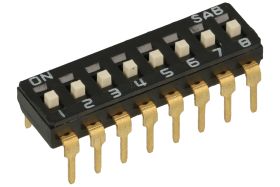 Przełącznik; DIP switch; 8 torów; DIPS8CD; czarny; przewlekany (THT); h=3,6 + suwak 0,6mm; 25mA; 24V DC; biały; SAB switches; Ro