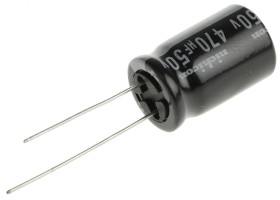 Kondensator 470μF 50V dc Radialny, Otwór przelotowy Nichicon roztaw: 5mm 12.5 (Dia.) x 20mm