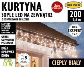 Kurtyna świetlna zewnętrzna 200l kurtyna sople z dod.gniazdem 9m dekoracji+1,5m przew.zas. biały/ czarny przewód 25-668