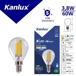 Żarówka LED E14 XLEDEX G45E14 3,8W-NW 806lm 4000K barwa neutralna 5 lat Gwar. 37343