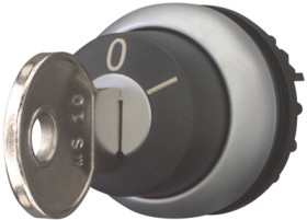 Key switch, unlit, latching, waistband round, black, front ring silver gray, 60°, trigger position 0, mounting Ø 22.5 mm, 111776