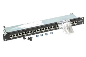 Patch panel RACK 19 kat.6A 24p FTP z półką 1U czarny
