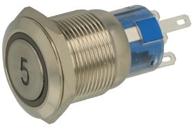 Przełącznik; przyciskowy; PBW-19B5R; OFF-(ON); 1 tor; podświetlenie LED 12V; czerwony; cyfra 5; monostabilny; na panel; 2A; 250V