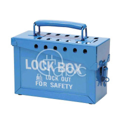 Przenośna metalowa skrzynka blokowania grupowego LOTO, niebieska, 045190