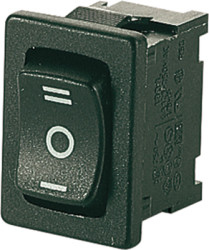 Rocker switch, black, 1 pole, On-Off-On, changeover switch, 6 (2) A/250 VAC, IP40, unlit, printed, 1808.1103