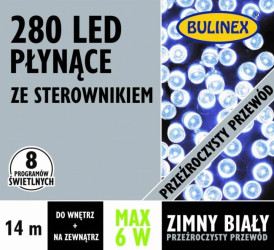 PŁYNĄCE 280 LED lampki z zasilaczem biały ,przewód przeźroczysty 13,95m dł. + 3m, 8 programów wewn/zewn 230V/31V 6W IP44 13-824