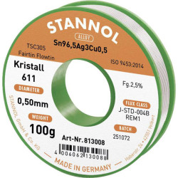 Stannol 813008 Kristall 611 Solder Lead-Free Sn96.5Ag3Cu0.5 0.5mm 100g