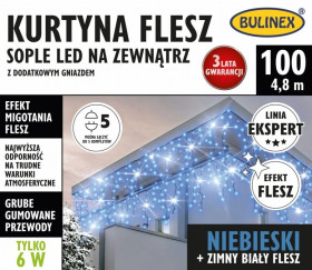 Kurtyna świetlna zewnętrzna flesz 100l kurtyna sople z dod.gniazdem 4,9m dekoracji+1,5 m przew. zasilaj. niebieski/biały flash