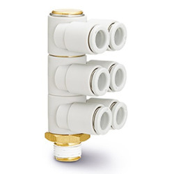 Złączka pneumatyczna 10 mm R 3/8 męskie SMC Uniwersalne kolanko obejmowane z potrójnym rozgałęzieniem R 3/8