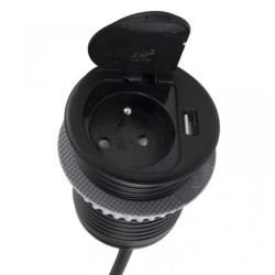 Gniazdo meblowe na 1 gniazdo 2P+Z 16A 230V + 1x USB 2,4A okrągły wpuszczany w blat SINGLE BOX 1,8m czarny