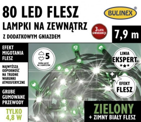 Lampki choinkowe zewnętrzny LED 80l flash czarny przewód na zewnątrz z dodatkowym gniazdkiem 7,9m zielony/biały flesz 75-427