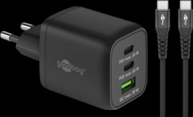 77737 USB charger, 65 W, 2x USB-C (PD), 1x USB-A, cable, black