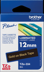 TZE-334 Laminated labelling tape, gold on black, 12 mm