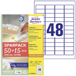 Avery-Zweckform L4736REV-65 Etykieta uniwersalna 45.7 x 21.2 mm Papier biały 65 ark. Z możliwością usunięcia Drukarka at