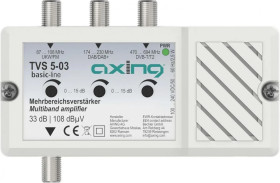 Wzmacniacz wielozakresowy AXING 3 wejścia: FM, DAB/DAB+, DVB-T/T2 33 dB / 108 dBµV TVS 5-03