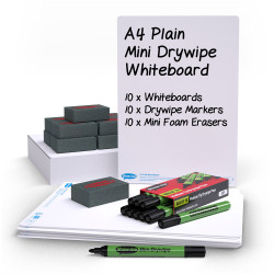 Show-me A4 Plain Drywipe Boards, Pens and Erasers - Pack of 10