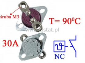 Termostat bimetal 30A 250V 90°C NC; poziome śruba