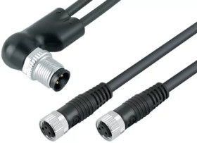 Sensor actuator cable, M12-cable plug, angled to 2 x M8 cable socket, straight, 4 pole/2 x 3 pole, 1 m, PUR, black, 4 A, 77 9827