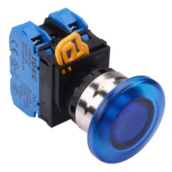 YW4L-M4E20Q3S Blue 12V illuminated 22mm Metal Bezel Mushroom Momentary Push Button Switch 2NO IP65 IDEC
