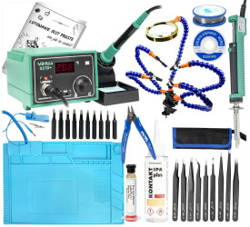 Zestaw stacja lutownicza 937D+ groty cyna topnik odsysacz pincety uchwyt cążki mata opaska IPA plecionka