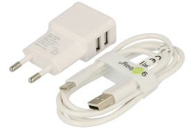 Zasilacz; Ładowarka; wtyczkowy; W-CUSBx2-W; 5V DC; 2,4A; 12W; 2x gniazdo USB typ A; 100÷240V AC; z osobnym kablem USB A - USB C;
