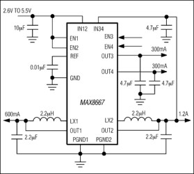 1.5MHz Dual Step-Down DC-DC Converters with Dual LDOs and Individual Enables