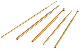 Threaded spring contact with probe, waffle, Ø 2.65 mm, travel  5.5 mm, pitch 4 mm, L 27.5 mm, 1060/G-CX-3.0NE-AU-3.0 C