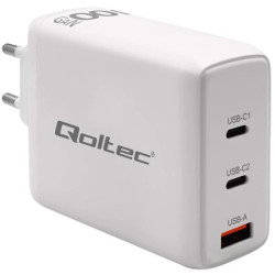 Qoltec Ładowarka sieciowa 100W GaN 5-20V 1.5-5A 2 x USB-C PD 1 x USB QC 3.0 Biała