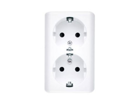 SIMON 54 Gniazdo podwójne z uziemieniem schuko natynkowe z przesłonami torów prądowych wersja skandynawska zaciski śrubowe białe