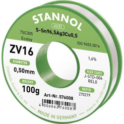 Stannol 576008 ZV16 Solder Wire Lead-Free 100g 0.5mm Sn96.5Ag3Cu0.5 REL0