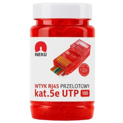 Wtyk modularny RJ45 8P8C kat.5e nieekranowany UTP uniwersalny drut linka przelotowy czerwony NEKU opakowanie SŁOIK 100szt.