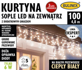 Kurtyna świetlna zewnętrzna 100l kurtyna sople z dod.gniazdem 5m dekoracji+1,5m przew.zas. Ciepły biały/ biały przewód 25-659