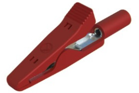 Miniature alligator clip, red, max. 4 mm, L 41.5 mm, CAT O, socket 2 mm, 930317801