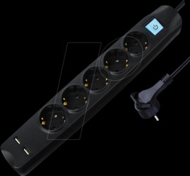 NV58-1,5L Power strip, 5-way, 2x USB, black, 1,5 m