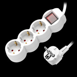 Przedłużacz 3-krotny 2P+Z (schuko) z wyłącznikiem. 1.5m H05VV-F 3x1.0mm2. Imax 10A. biały ORAE13146(GS)/W/1,5M