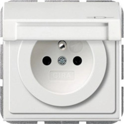 GIRA F100 Gniazdo z bolcem ochronnym i klapką IP44 z przesłonami torów prądowych biały połysk