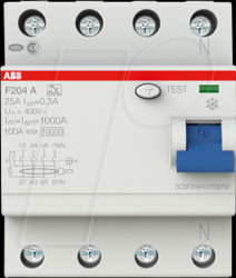 2CSF204101R3250 Fehlerstromschutz-Schalter, Typ A, 25 A, 300 mA, 4-polig
