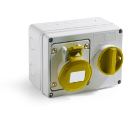 Złącze przemysłowe - zasilające 16A Gniazdo 110 V 2P + E RS PRO Żółty Montaż ścienny IP44