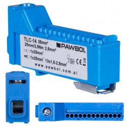 Listwa zaciskowa bezgwintowa LZB niebieska 14-torowa 63A na szynę DIN TH35 (1x 25mm2 + 13x 2,5mm2) PAWBOL