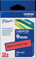 TZE-421 Laminated labelling tape, black on red, 9 mm