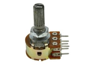 Potencjometr; osiowy; jednoobrotowy; stereo; R16-2xA50K; 2x50kohm; logarytmiczna; 20%; 0,1W; oś fi 6,00mm; 15mm; metal; moletowa