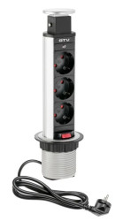 Biurkowy przedłużacz wpuszczany fi 60mm srebrny 3x SCHUKO 2x USB AE-BPW3S60-80